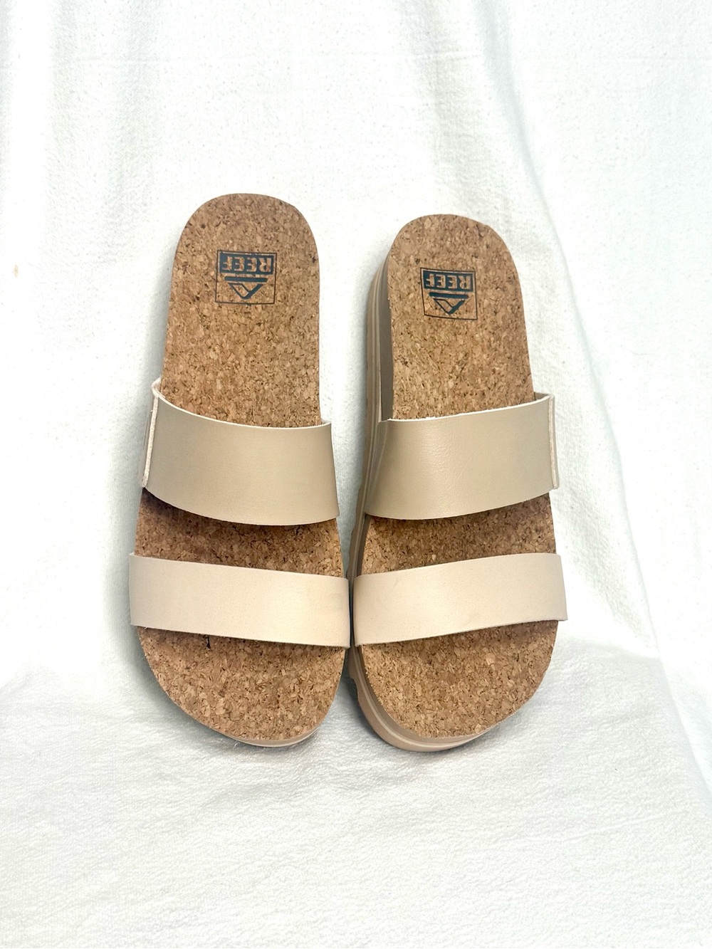 Reef Cushion Vista Hi Dual-Strap Cork Slide Sandals In Oasis Duo